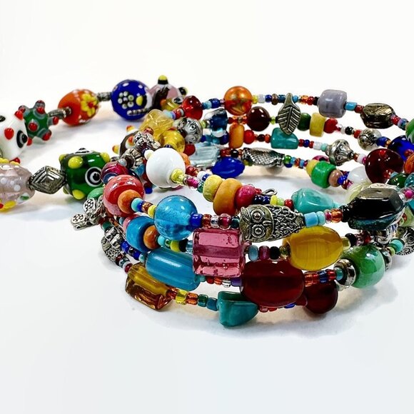 Glass Bracelet, Beaded, Lamp Work, Bohemian, Rainbow Shades, Art Glass, Boho - Picture 5 of 5